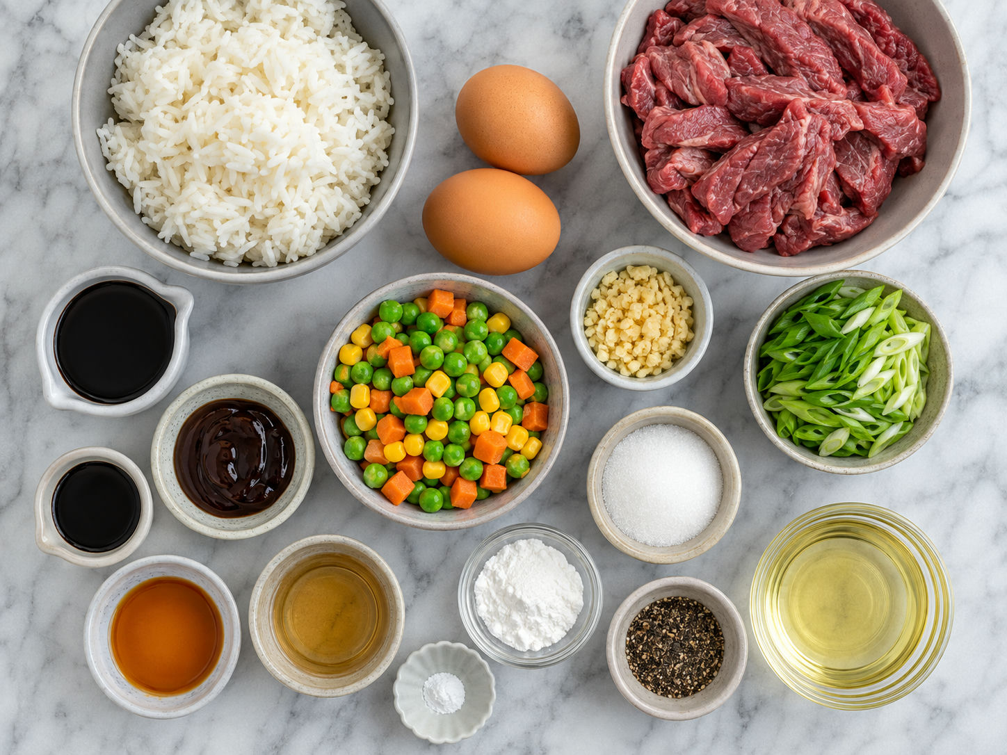 Ingredients for steak black pepper fried rice on a kitchen counter
