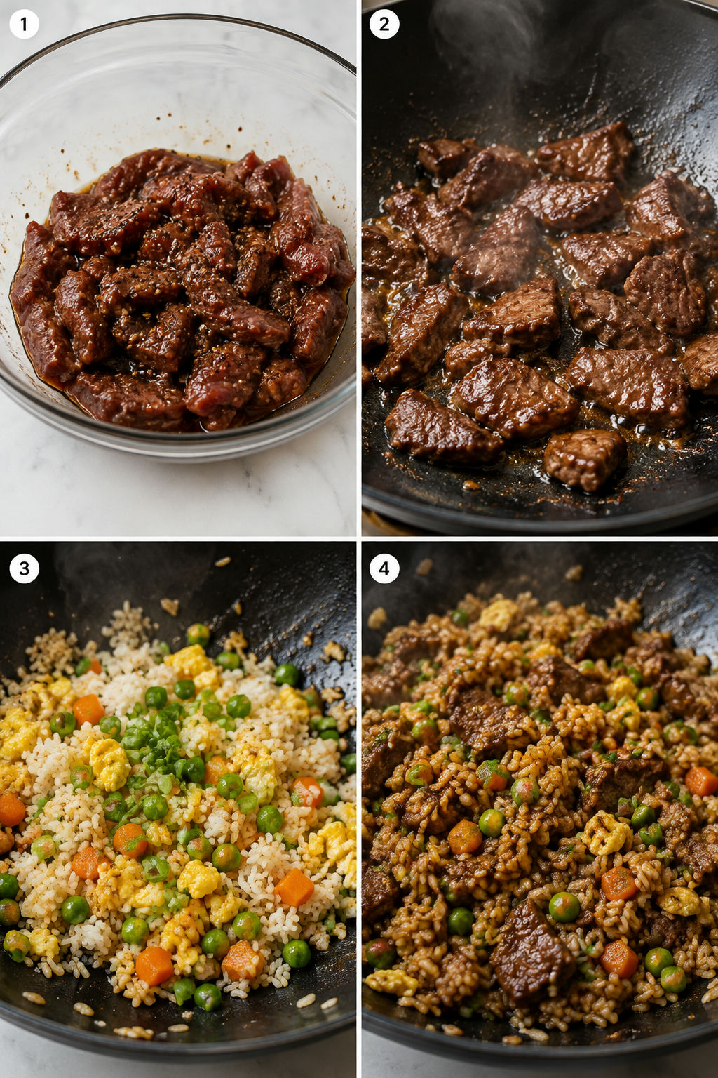 Four cooking steps for steak black pepper fried rice