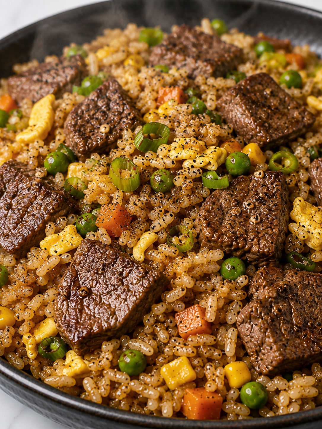 Steak black pepper fried rice with glossy beef, egg, and vegetables