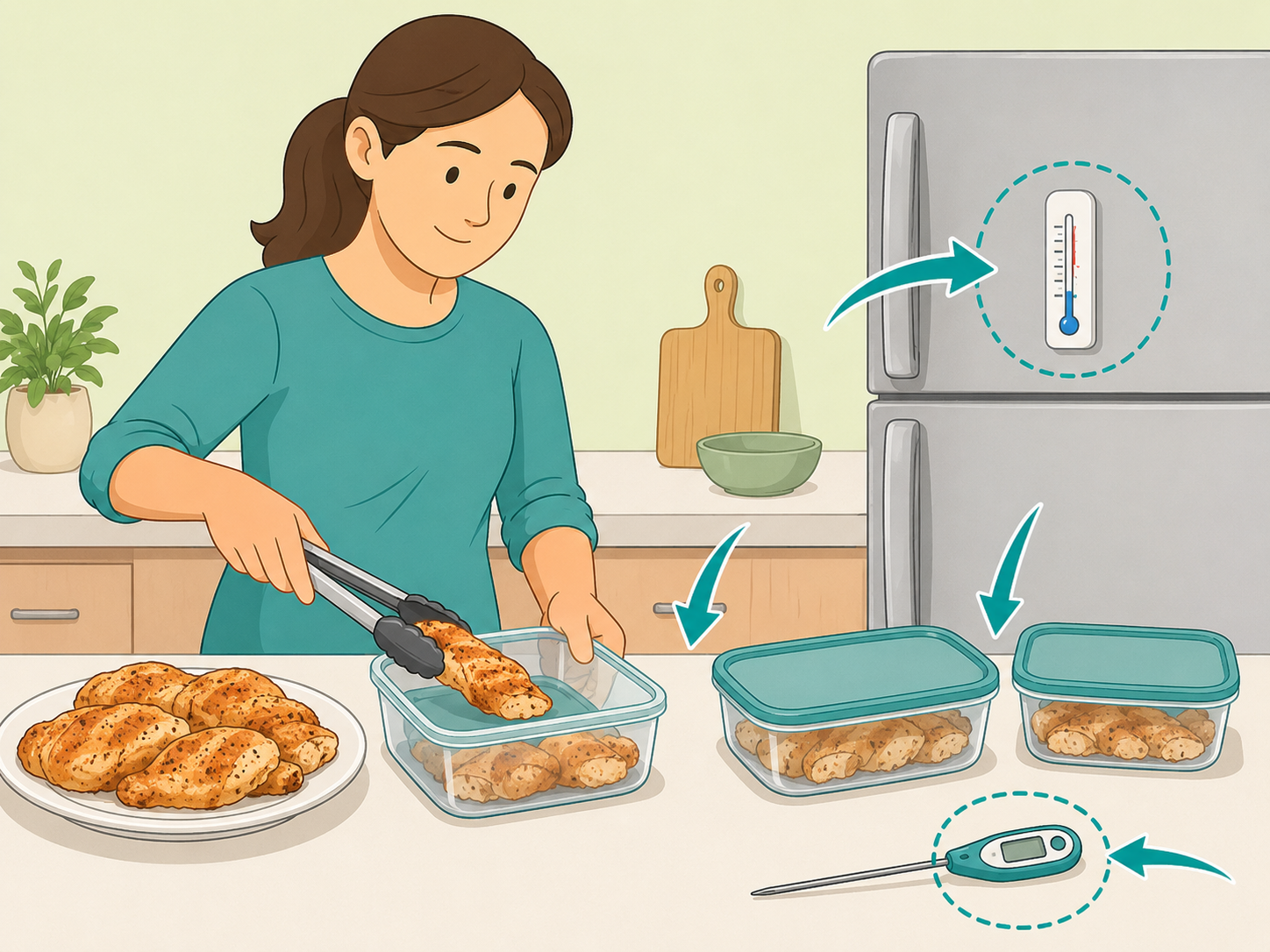 Illustration of cooked chicken being stored safely in shallow containers with a refrigerator and thermometer nearby.