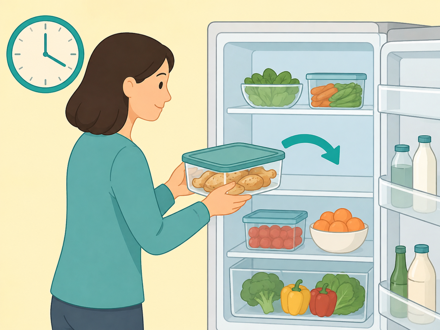 Person refrigerating cooked chicken promptly in a covered container.