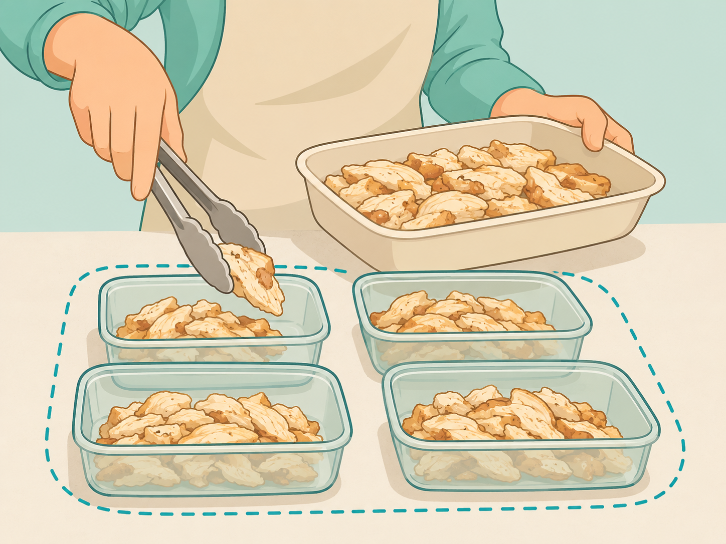 Cooked chicken divided into shallow containers for faster cooling.