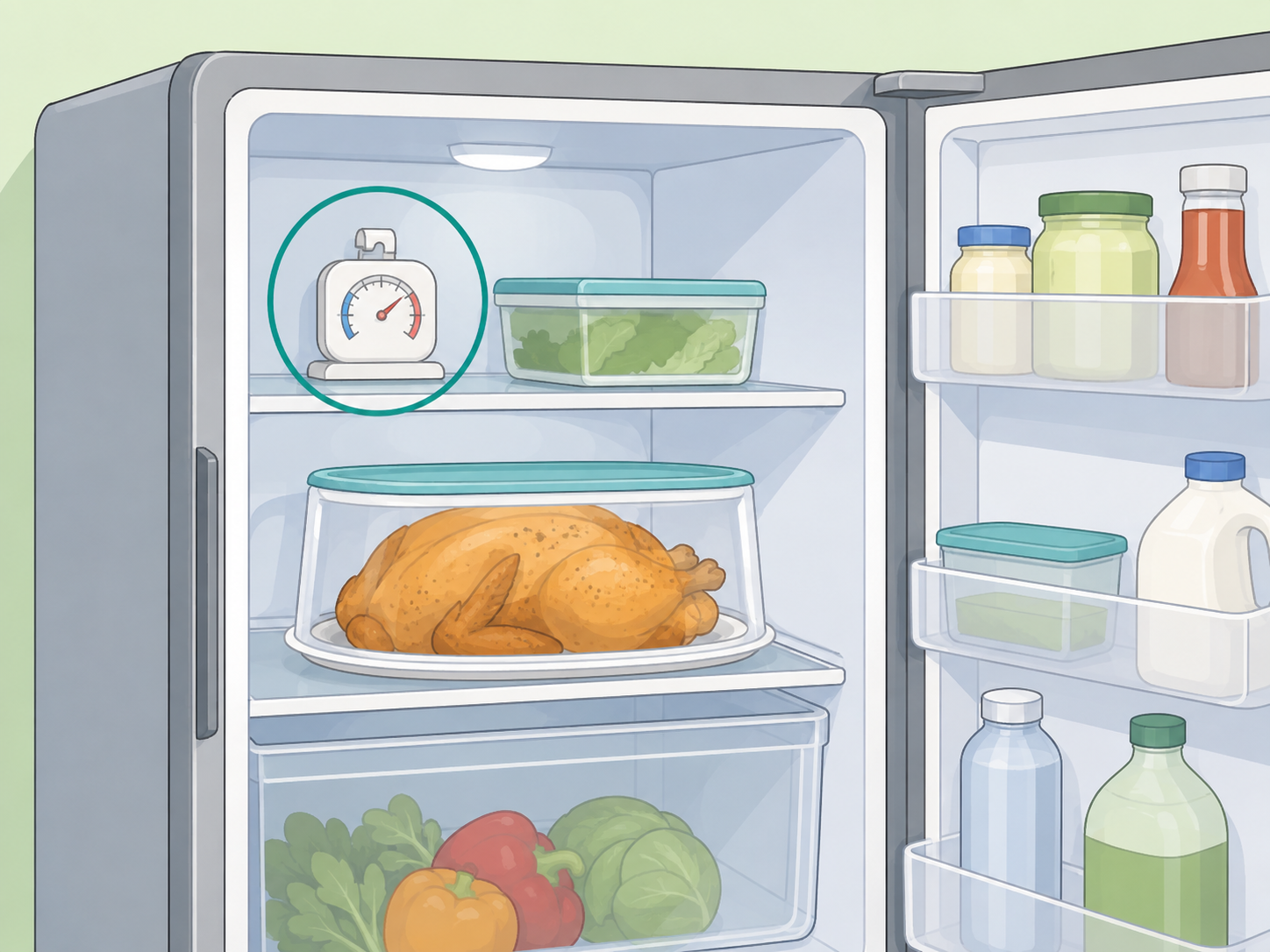 Cooked chicken stored in a cold refrigerator with a thermometer.