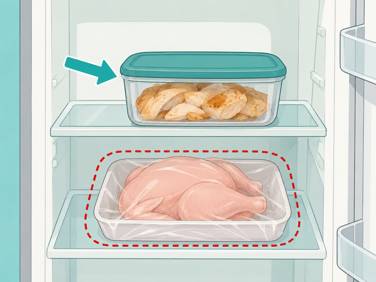 Cooked chicken covered and stored separately from raw poultry.