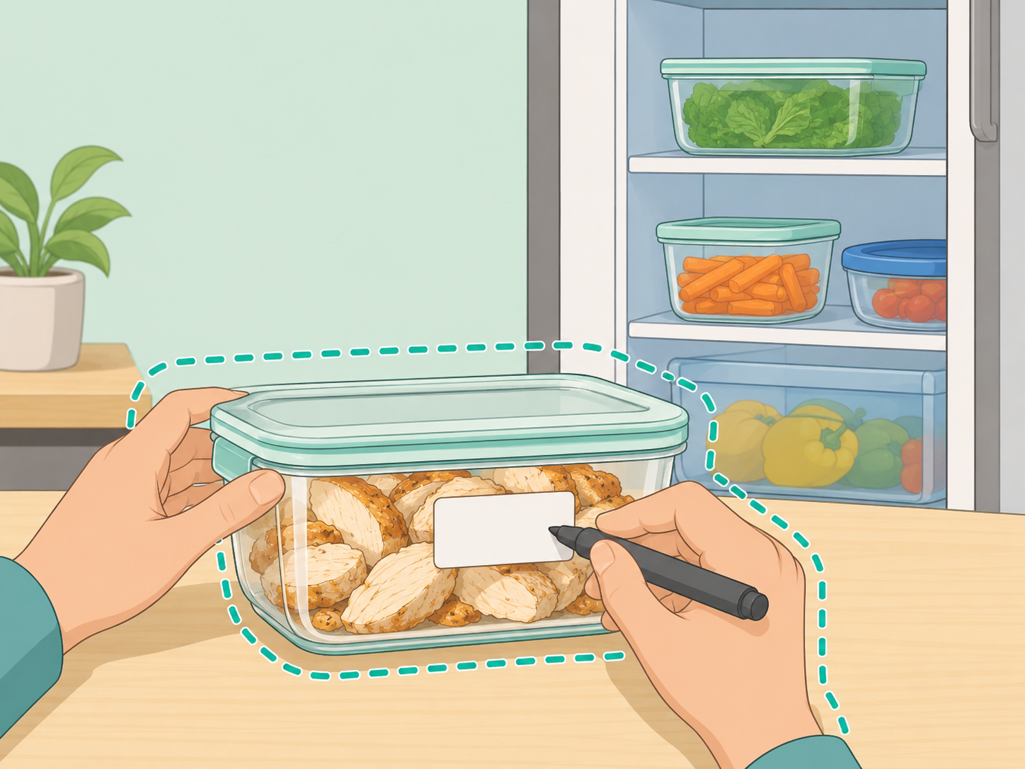 Cooked chicken container being labeled before refrigerator storage.