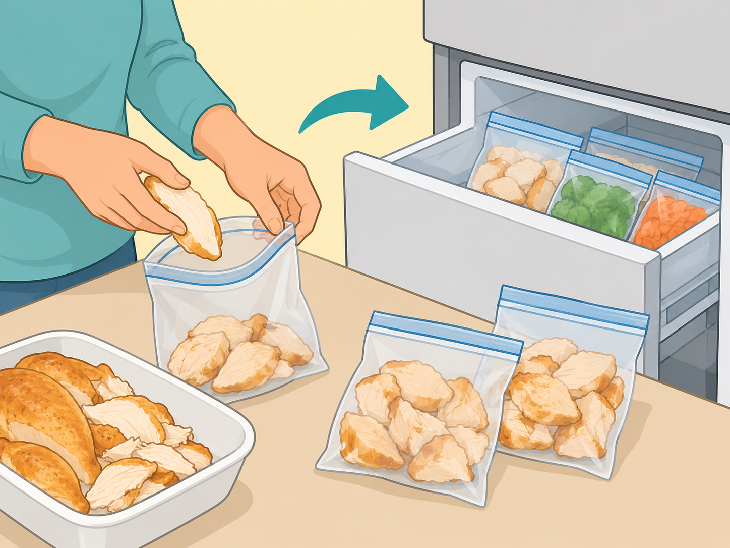 Cooked chicken portions packed for freezing.