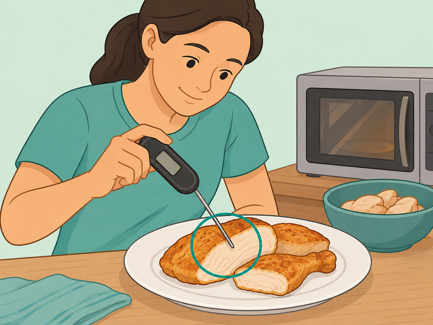 Person checking reheated chicken with a food thermometer.