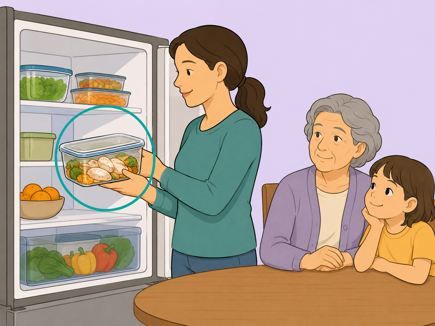 Caregiver choosing safely stored cooked chicken for higher-risk people.