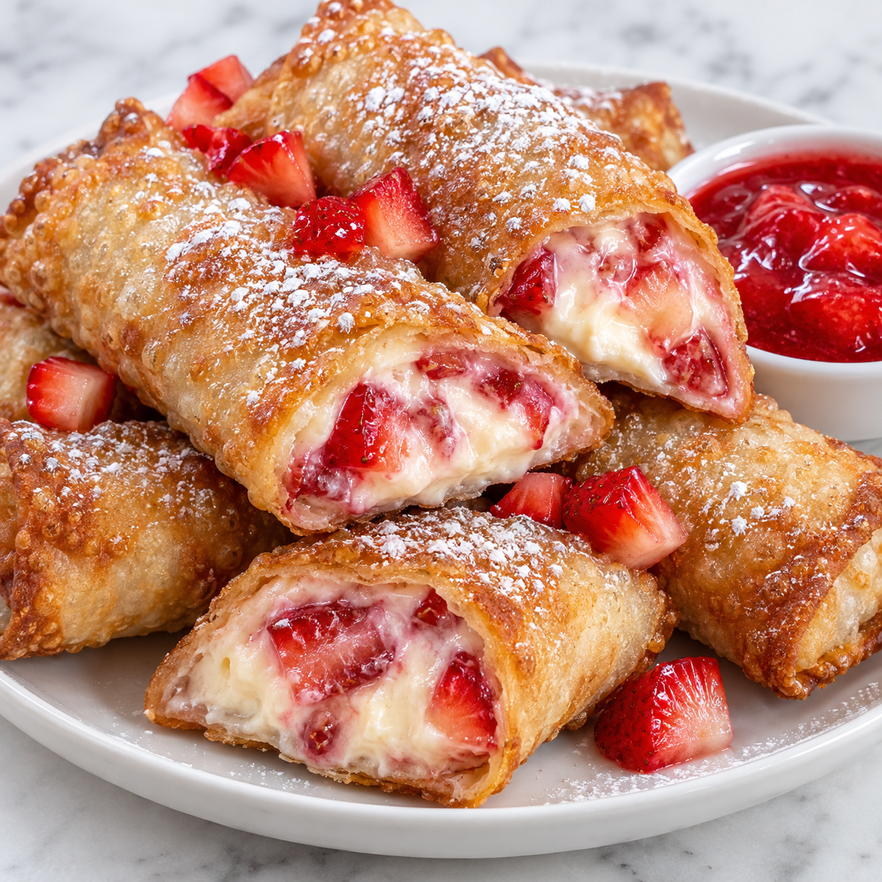 Strawberry cheesecake eggroll bites with powdered sugar and berry filling