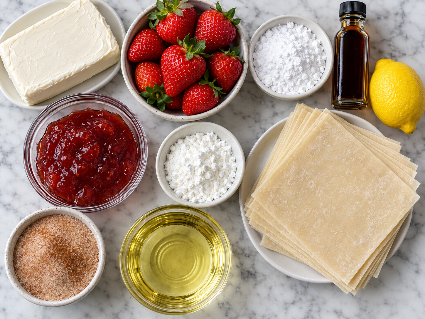 Ingredients for strawberry cheesecake eggroll bites on a marble counter