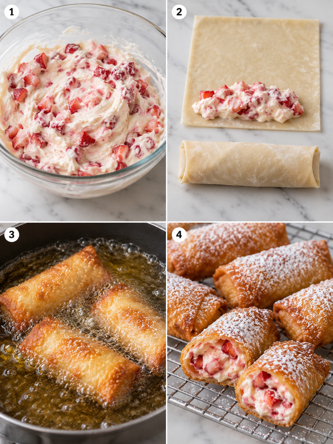 Steps for making strawberry cheesecake eggroll bites from filling to frying