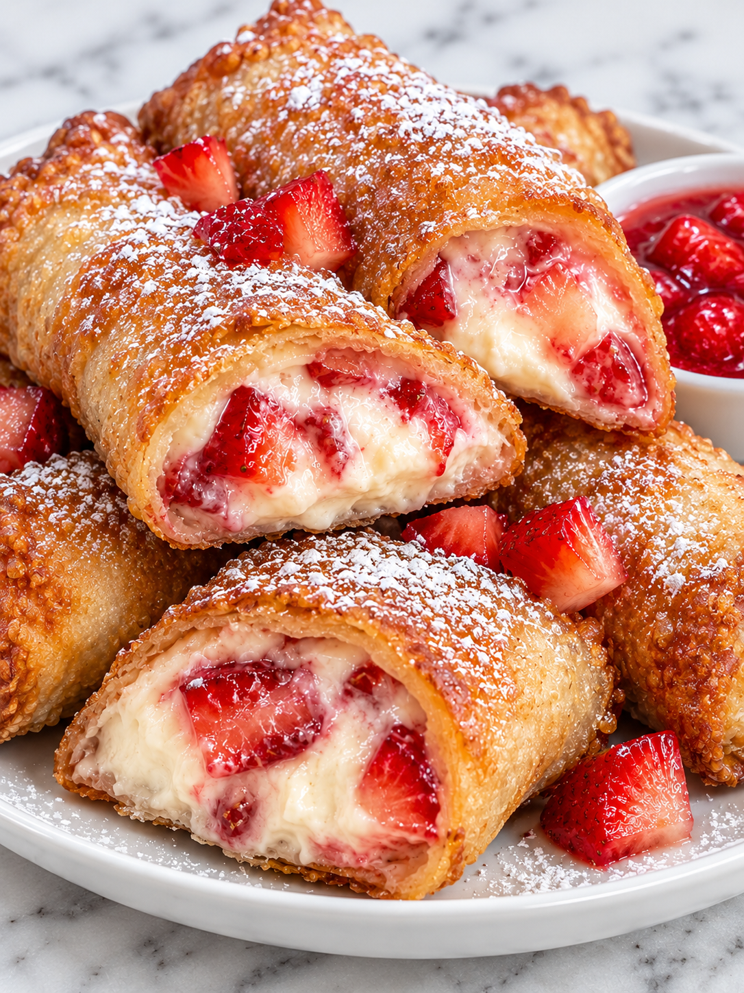 Golden strawberry cheesecake eggroll bites with creamy berry filling