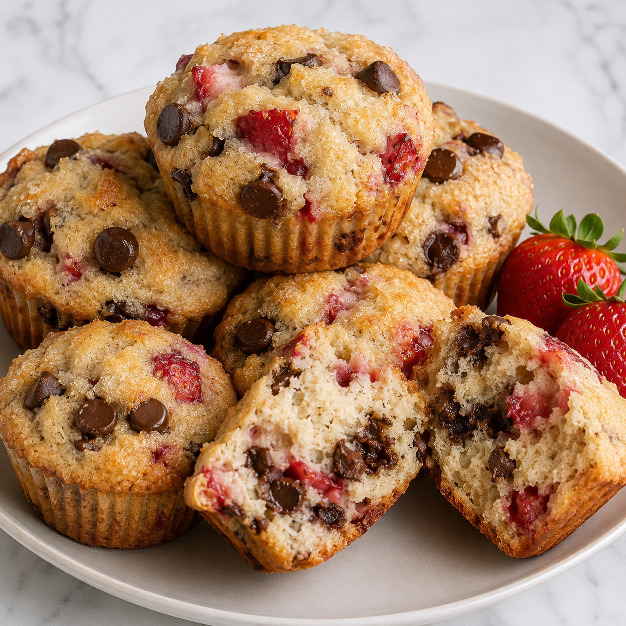 Strawberry chocolate chip muffins with fresh berries and melty chocolate