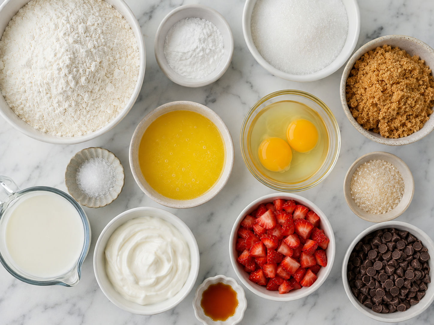 Ingredients for strawberry chocolate chip muffins on a light wood counter