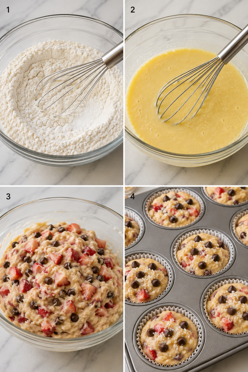 Four baking steps for strawberry chocolate chip muffins