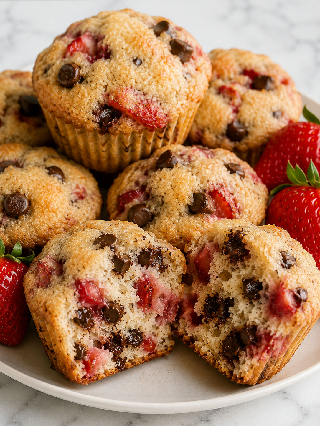 Soft strawberry chocolate chip muffins with sugar tops and fresh berries