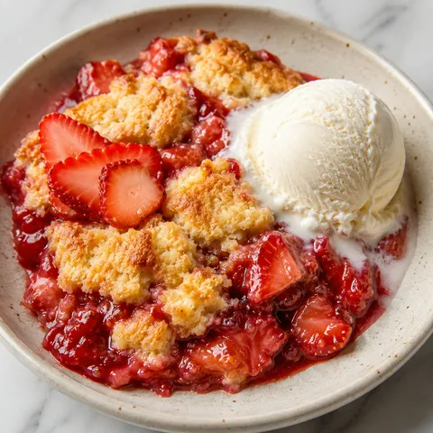 Strawberry shortcake dump cake with vanilla ice cream and fresh berries