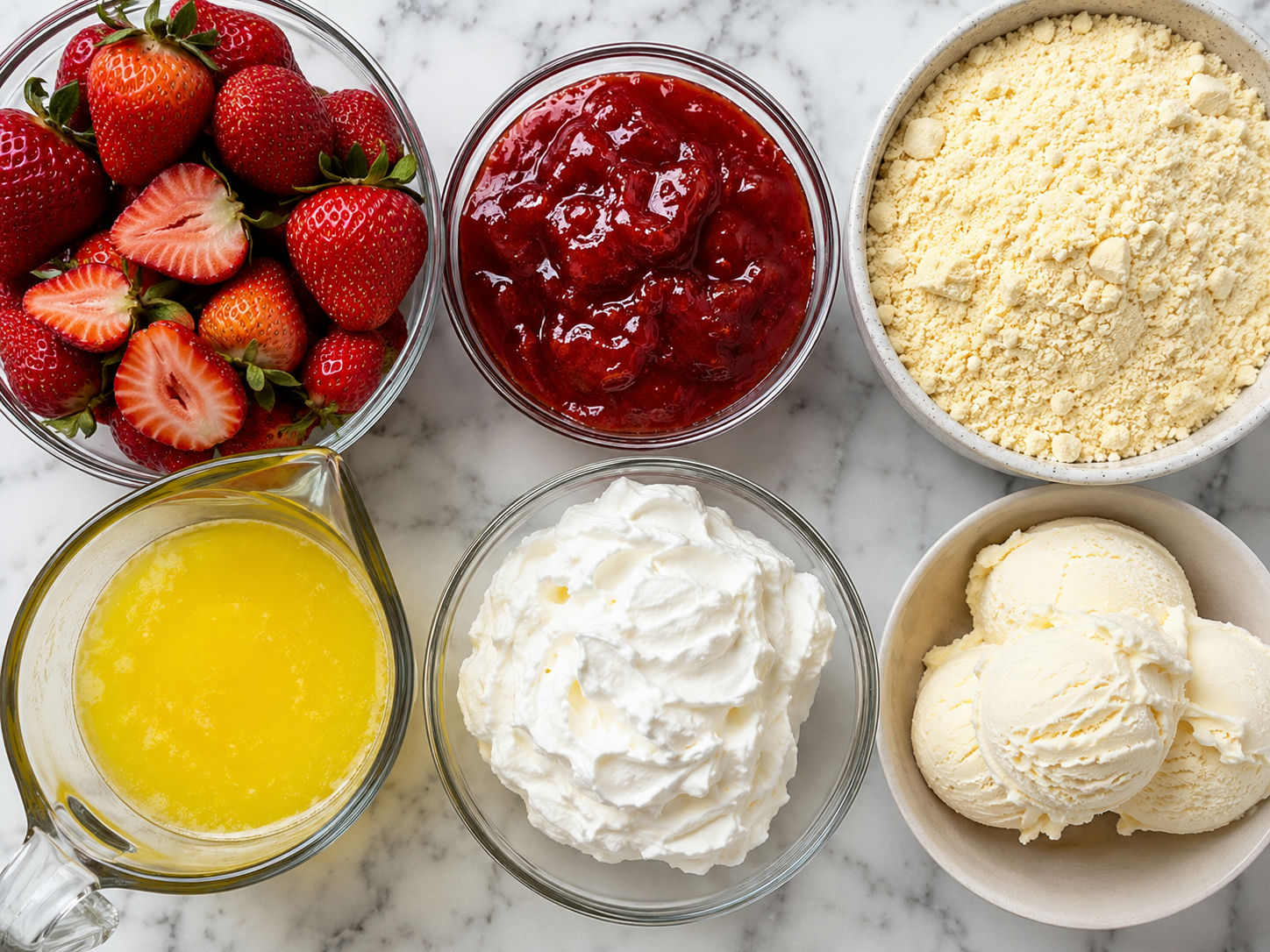 Strawberries, jam, yellow cake mix, and butter for dump cake