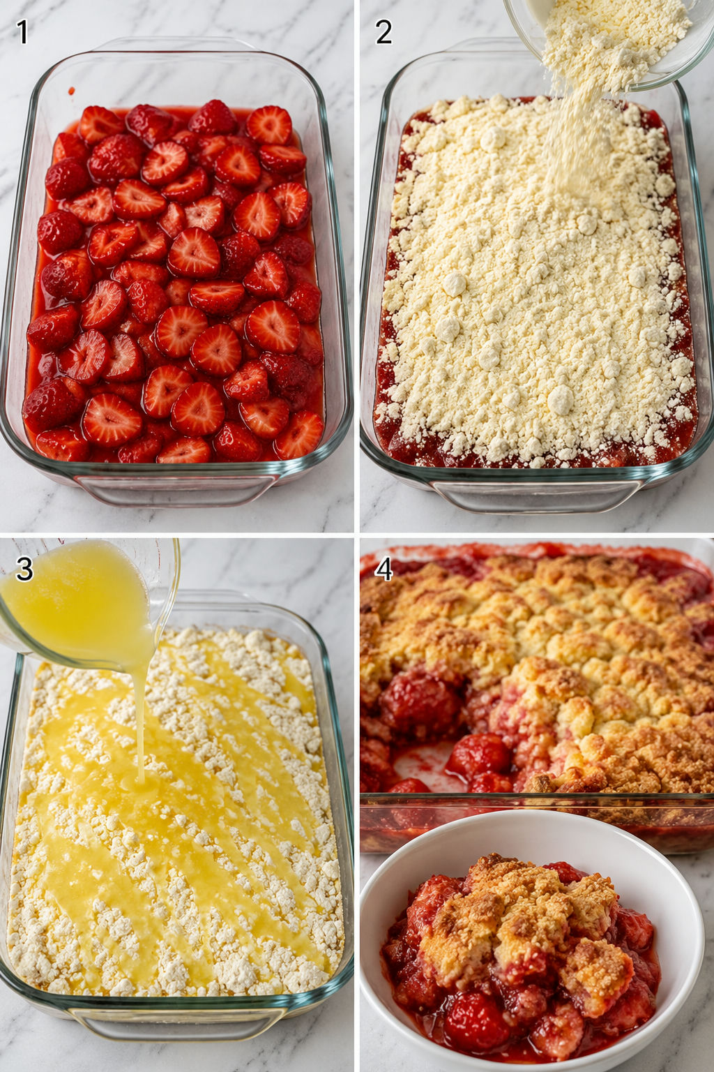 Four steps for layering and baking strawberry shortcake dump cake