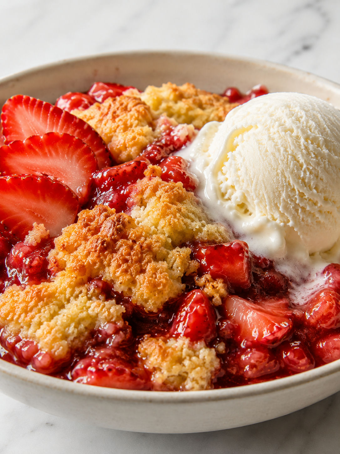 Warm strawberry shortcake dump cake with ice cream and golden topping