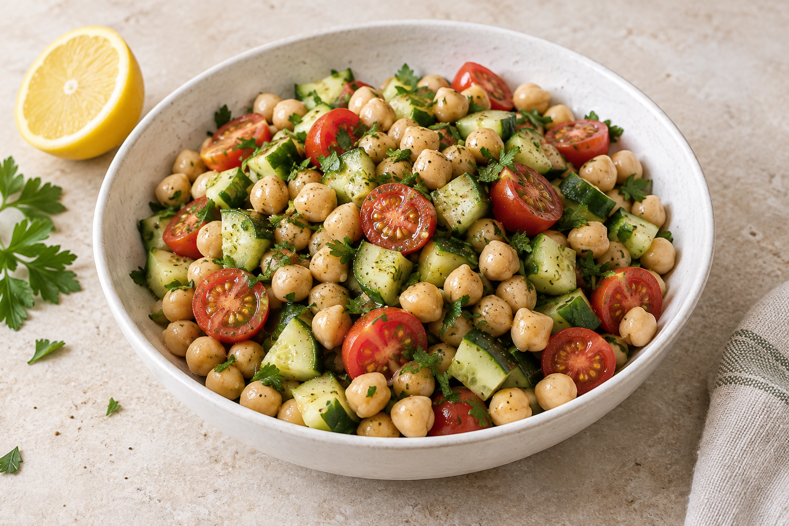Chickpea salad with diced cucumber, cherry tomatoes and parsley in a white bowl beside a lemon half.