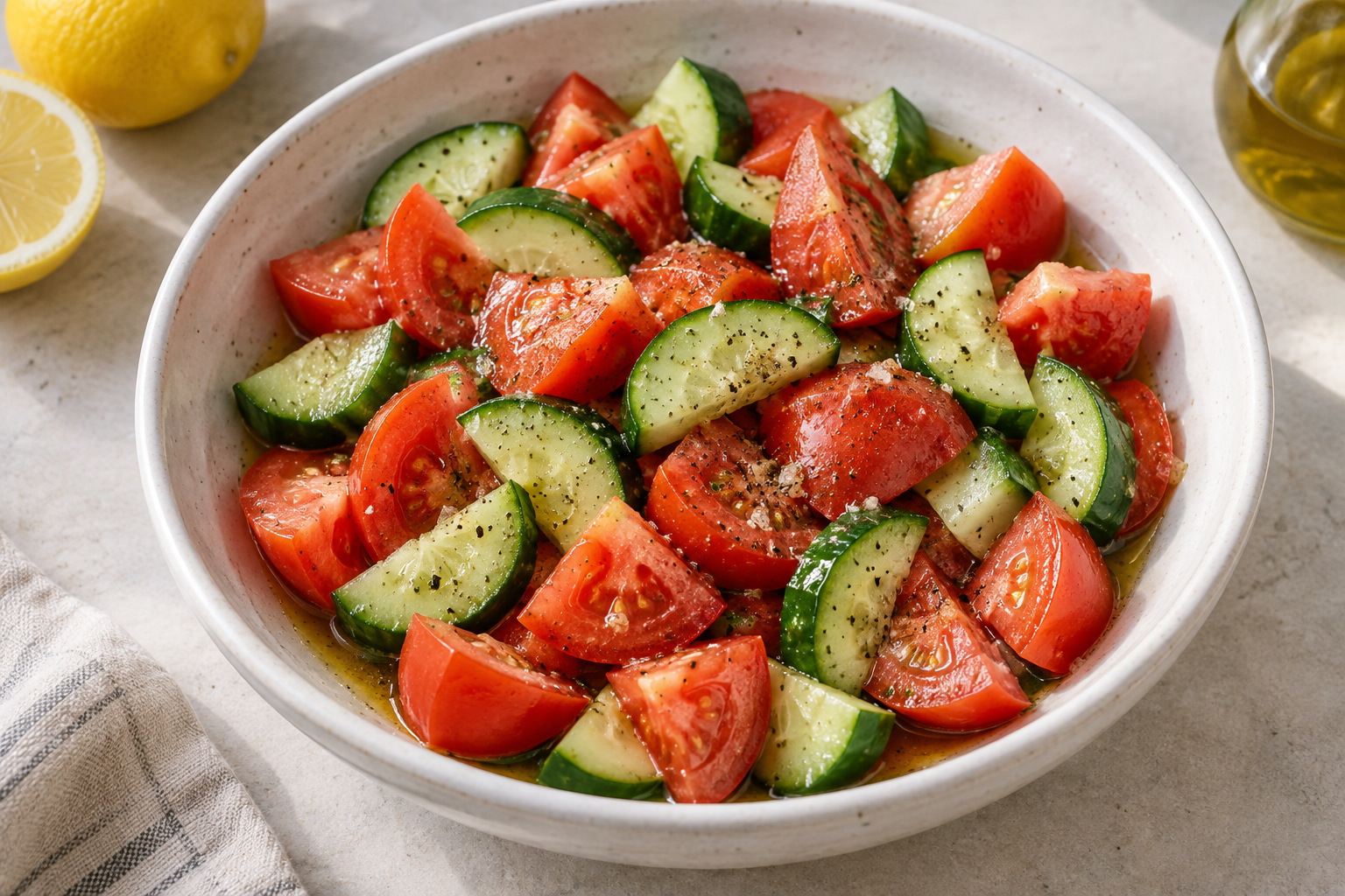 Tomato and cucumber salad with lemon and olive oil in a white bowl