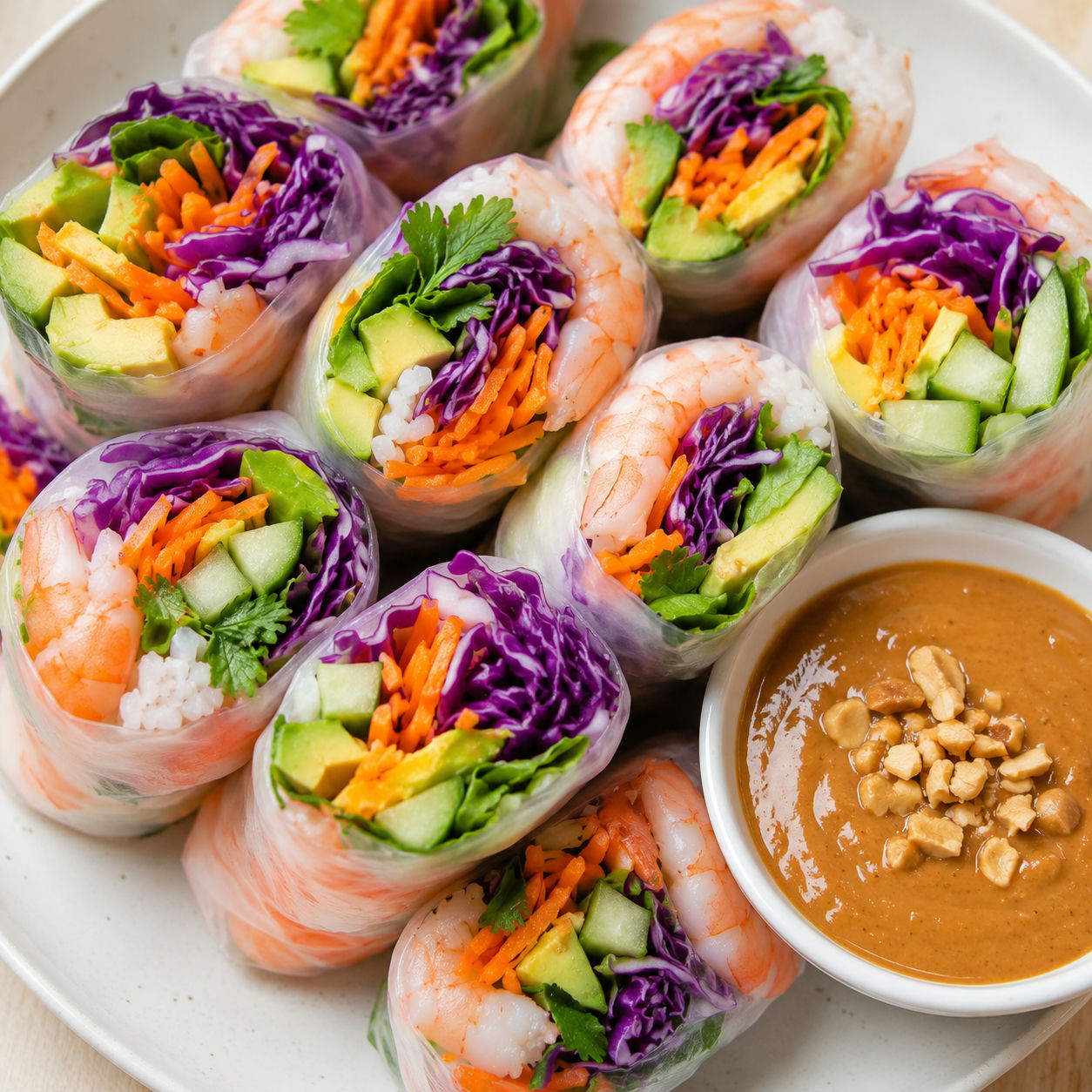 Shrimp summer rolls with vegetables, herbs, and peanut sauce