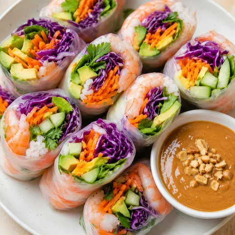Shrimp summer rolls with vegetables, herbs, and peanut sauce
