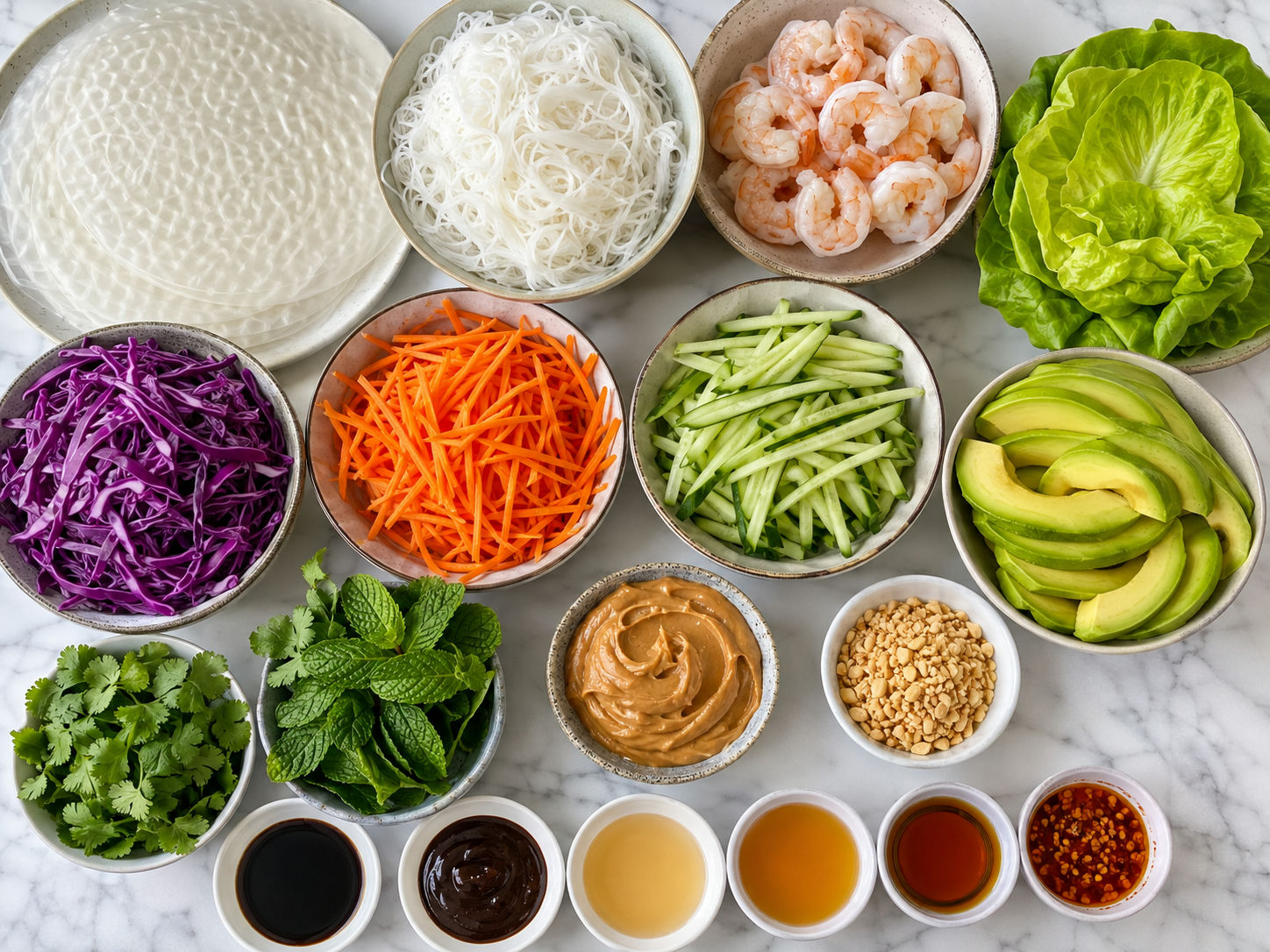 Ingredients for shrimp summer rolls with herbs and peanut sauce