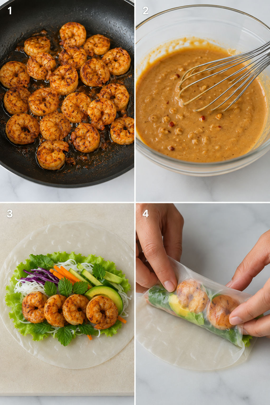 Four steps for making shrimp summer rolls with peanut sauce