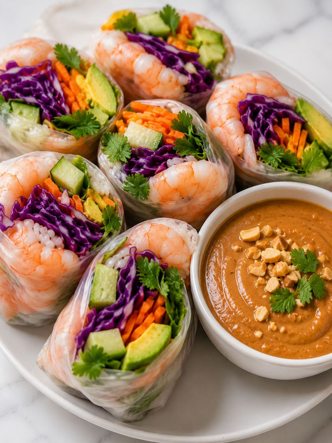 Shrimp summer rolls packed with vegetables and peanut dipping sauce