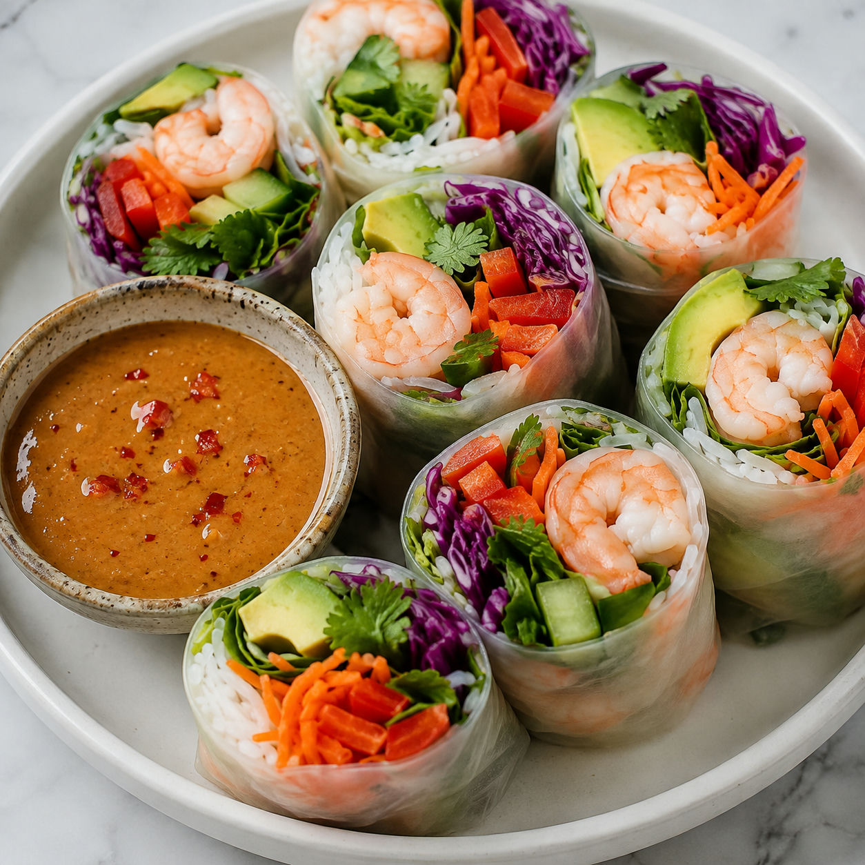 Summer rolls with shrimp, avocado, herbs, and spicy peanut sauce