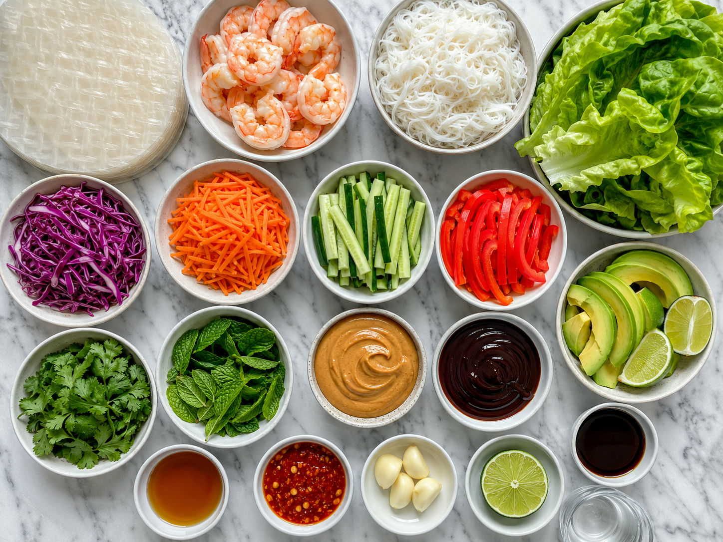 Ingredients for shrimp summer rolls with vegetables and peanut sauce