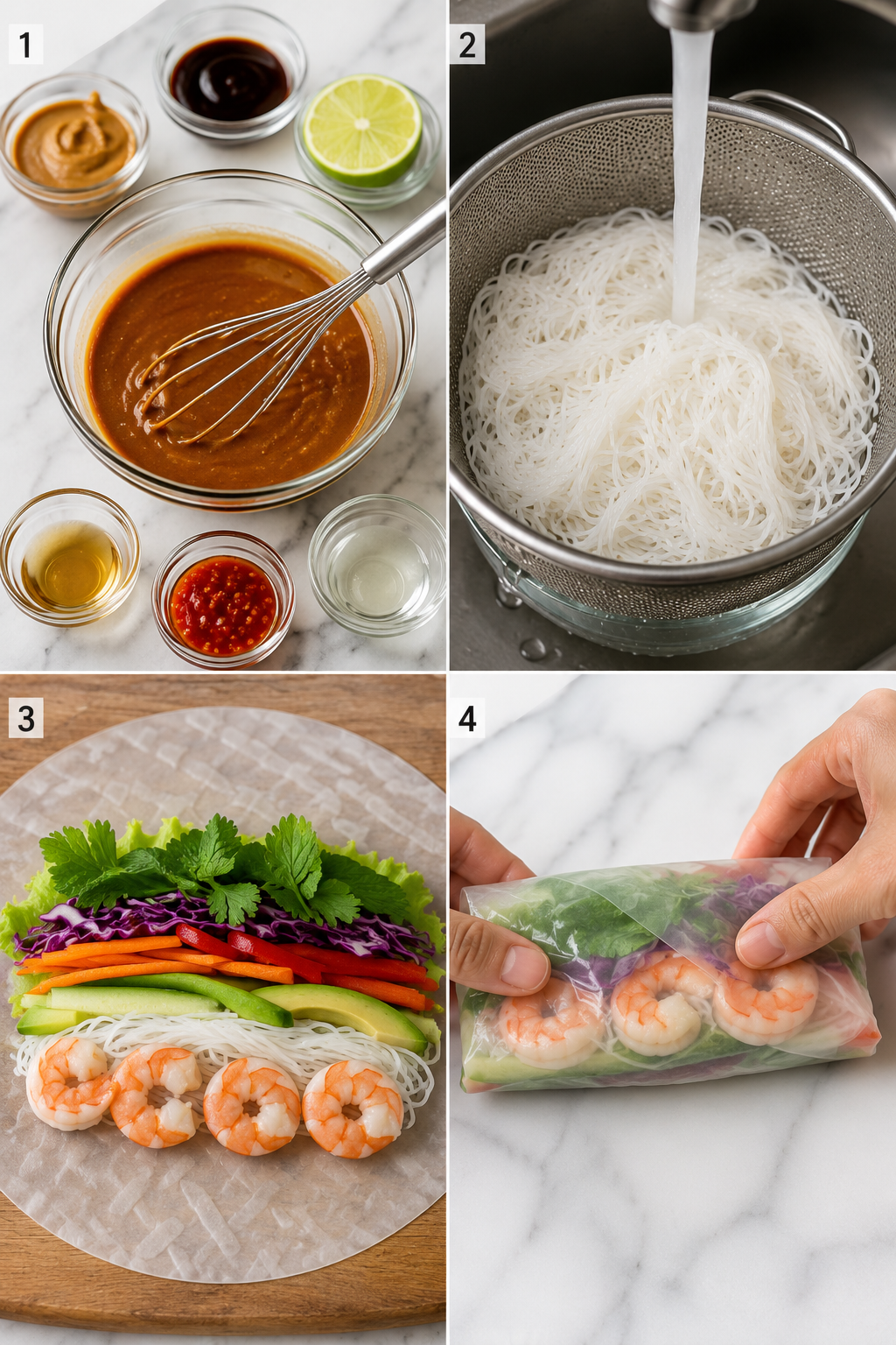Four steps for making shrimp summer rolls with peanut sauce