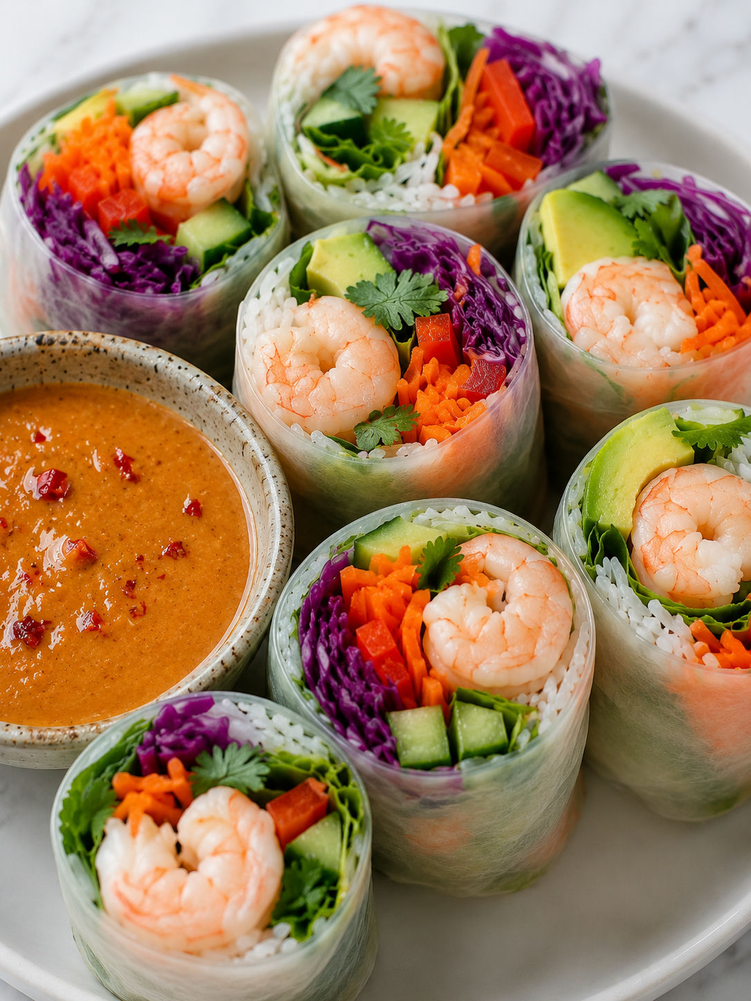 Shrimp summer rolls packed with vegetables beside spicy peanut sauce