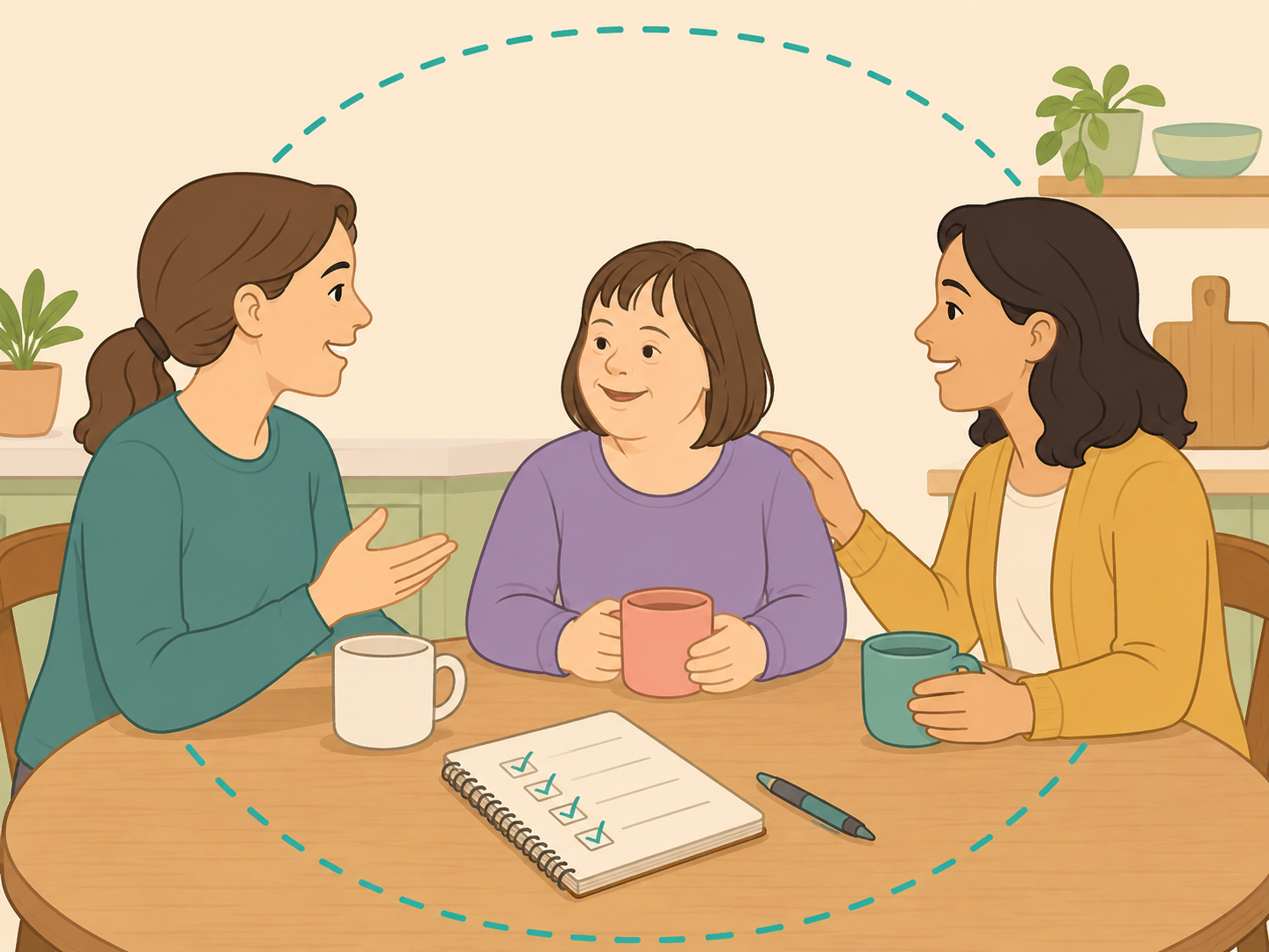 Illustration of a friend respectfully supporting a caregiver and a woman with Down syndrome.