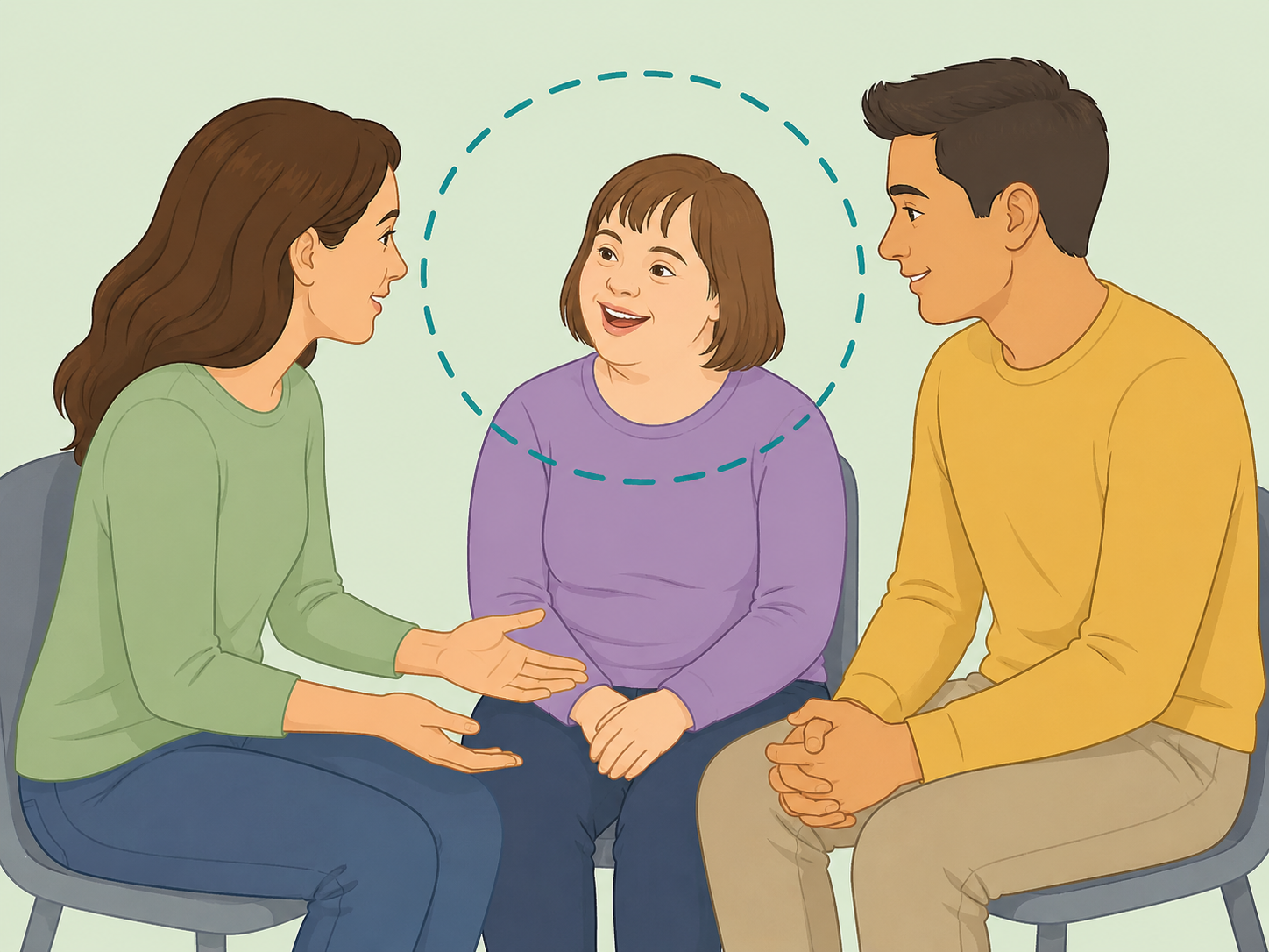 People using respectful communication with a person with Down syndrome.