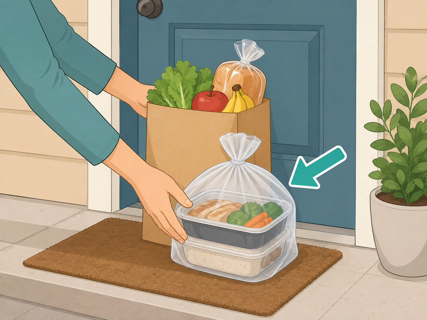 Specific practical help shown as groceries and a meal delivery.