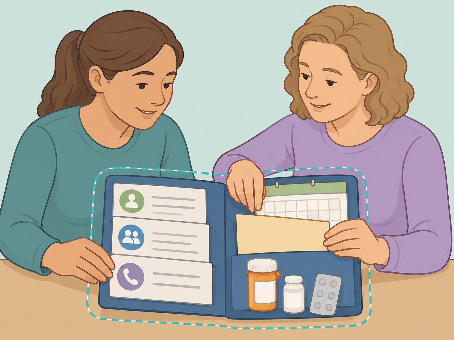 A caregiver and friend creating an organized backup care plan.