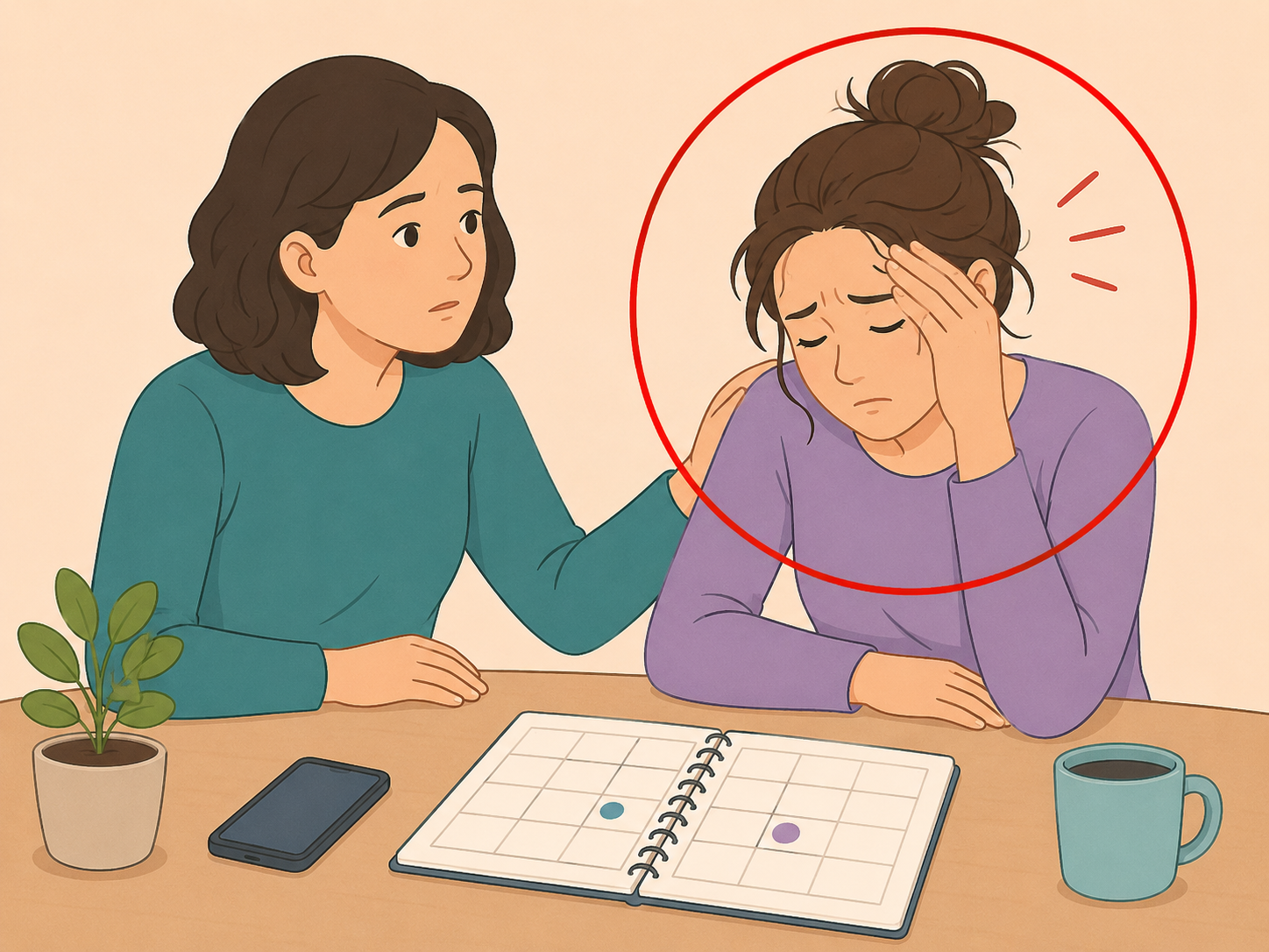 A friend noticing caregiver stress and encouraging professional support.
