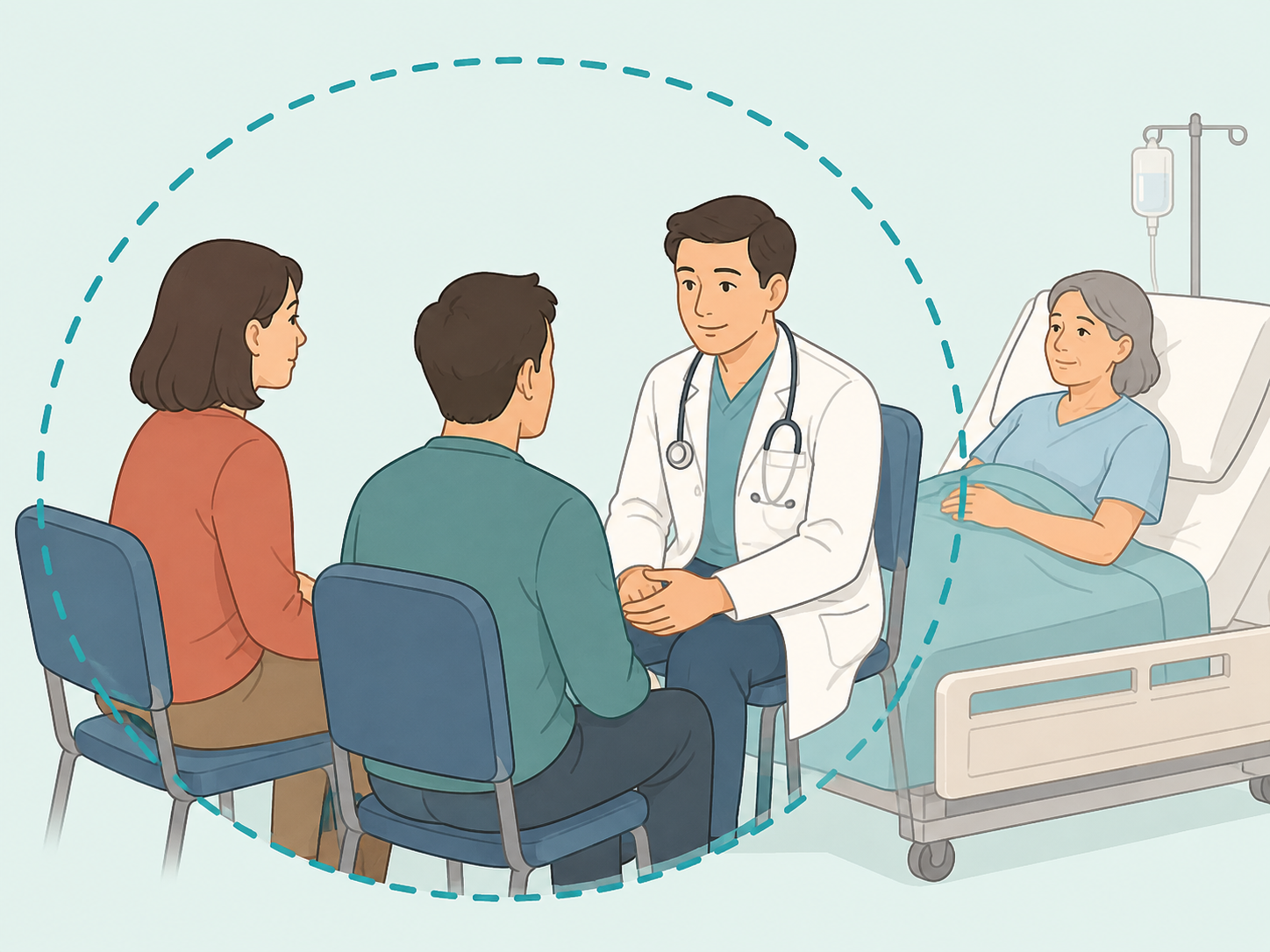 Family speaking with a doctor about life support decisions in a calm hospital setting.