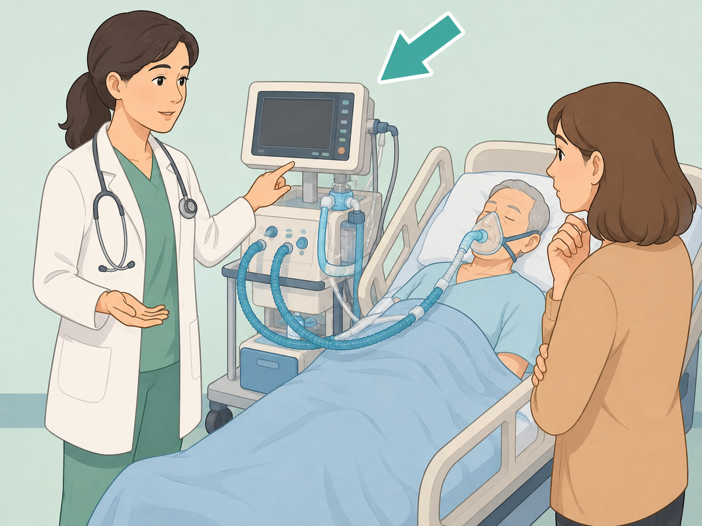 Doctor explaining life support equipment to a family member.
