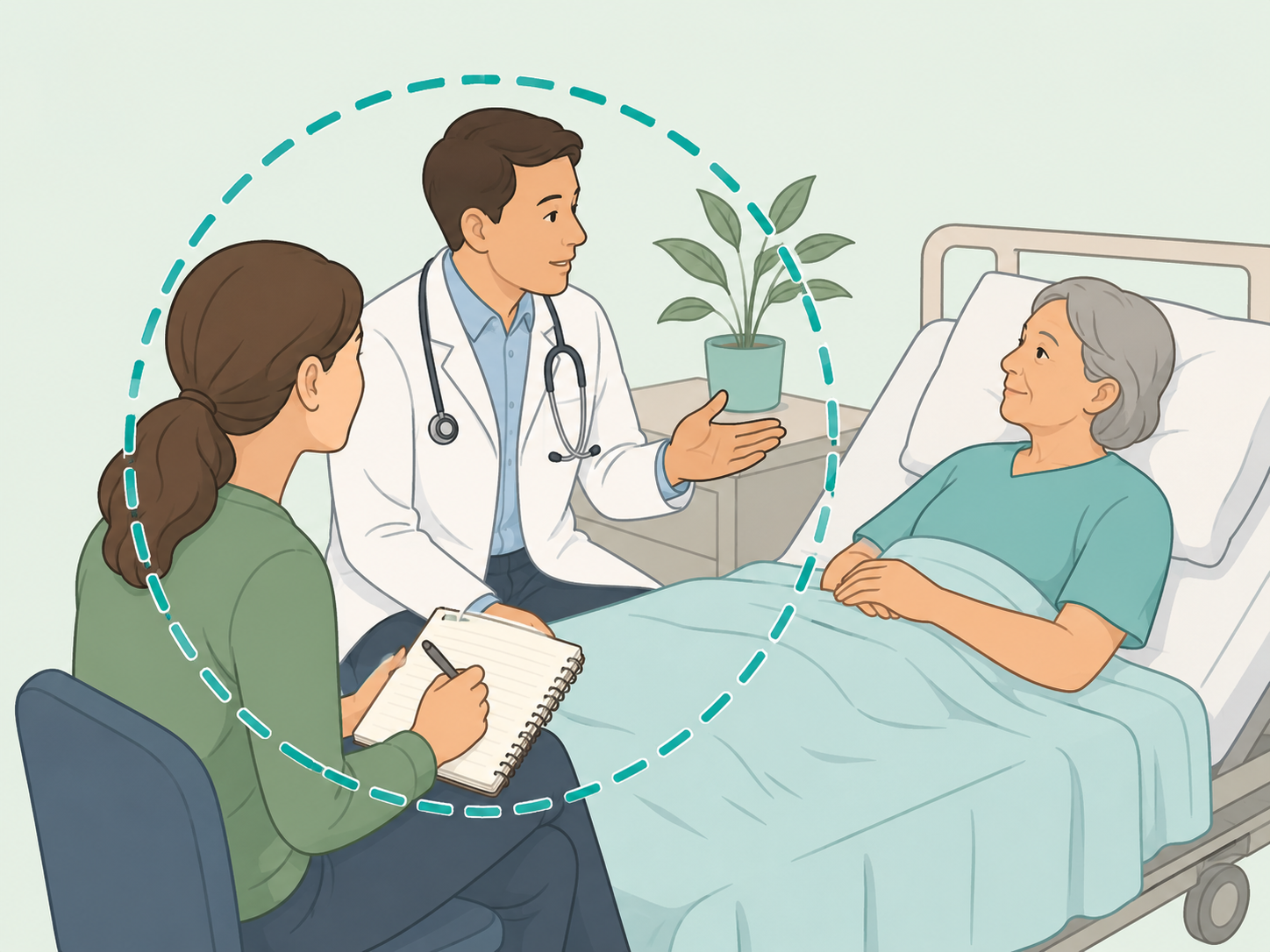 Family member taking notes while asking about a loved one's medical outlook.