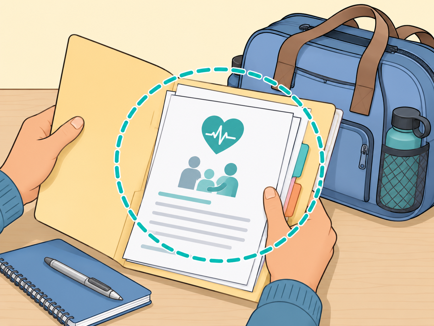 Hands looking through medical documents for an advance directive.