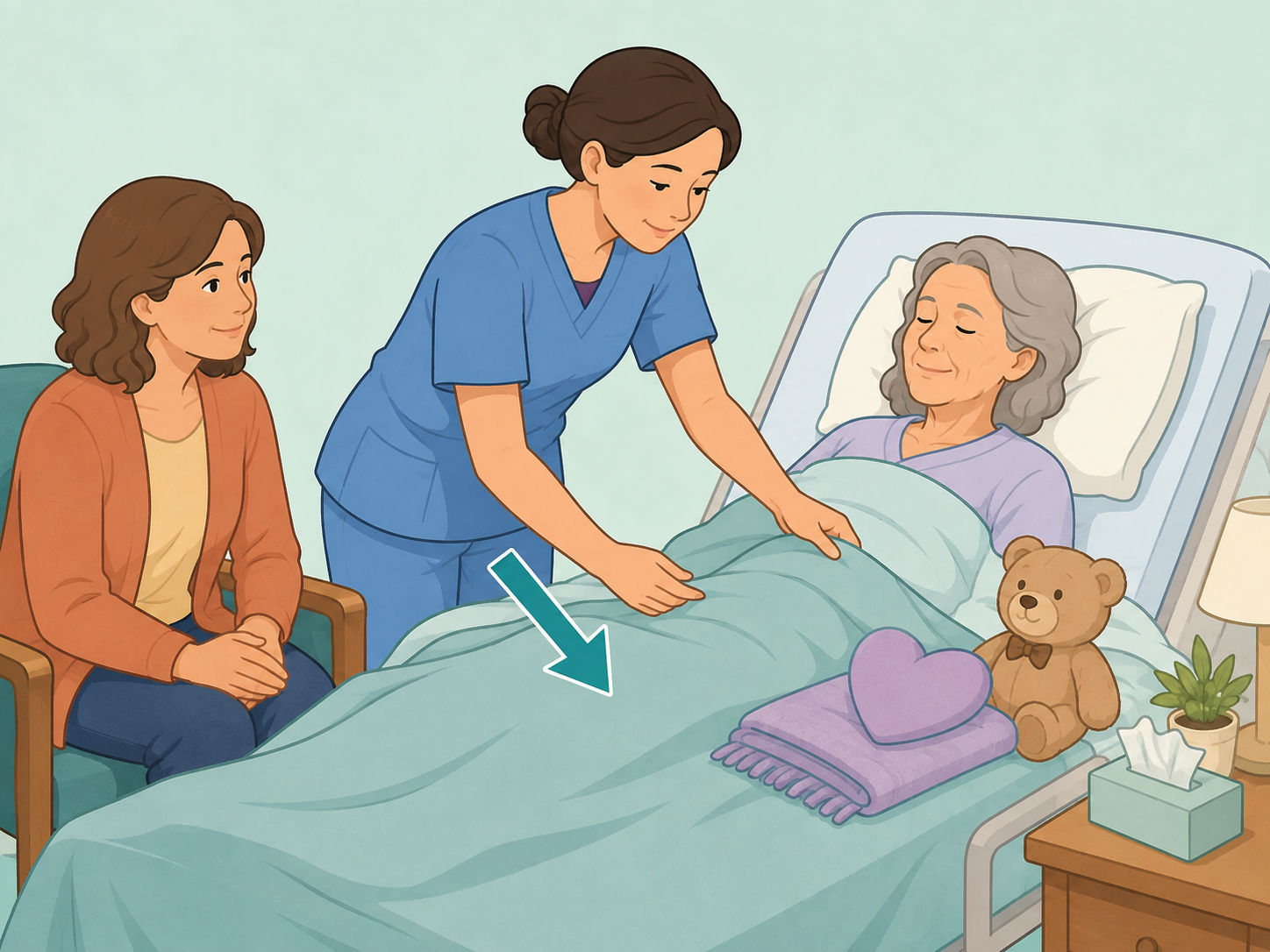 Nurse helping keep a patient comfortable during end-of-life care.