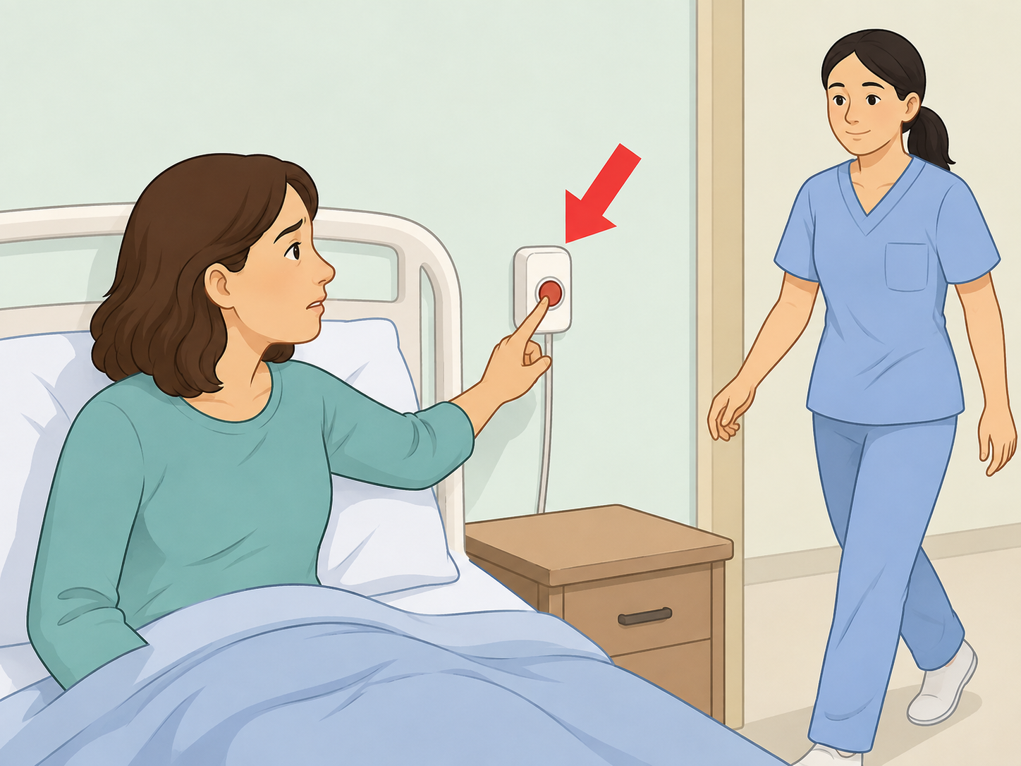 Family member calling medical staff for help during a difficult moment.