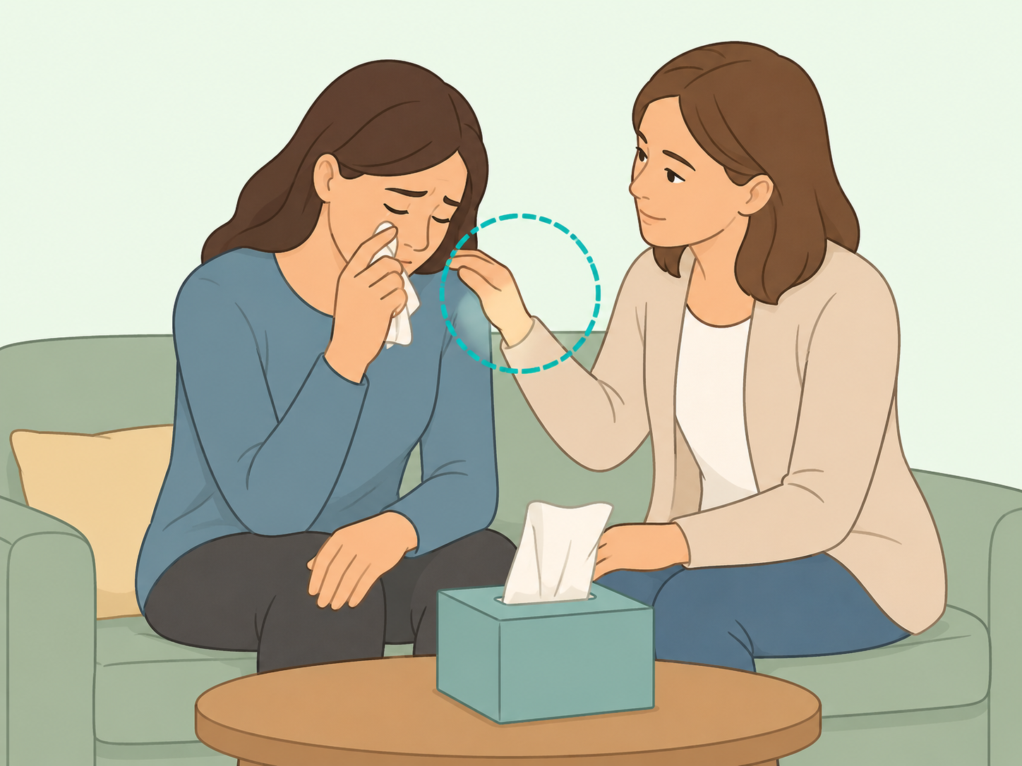 Grieving person receiving support from a trusted friend.