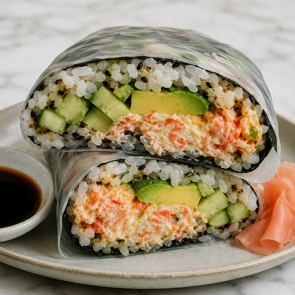 Folded sushi wrap with spicy crab, avocado, cucumber, and furikake rice