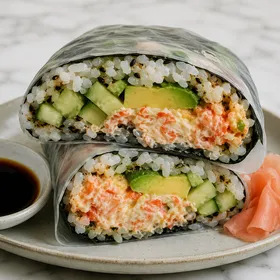 Folded sushi wrap with spicy crab, avocado, cucumber, and furikake rice