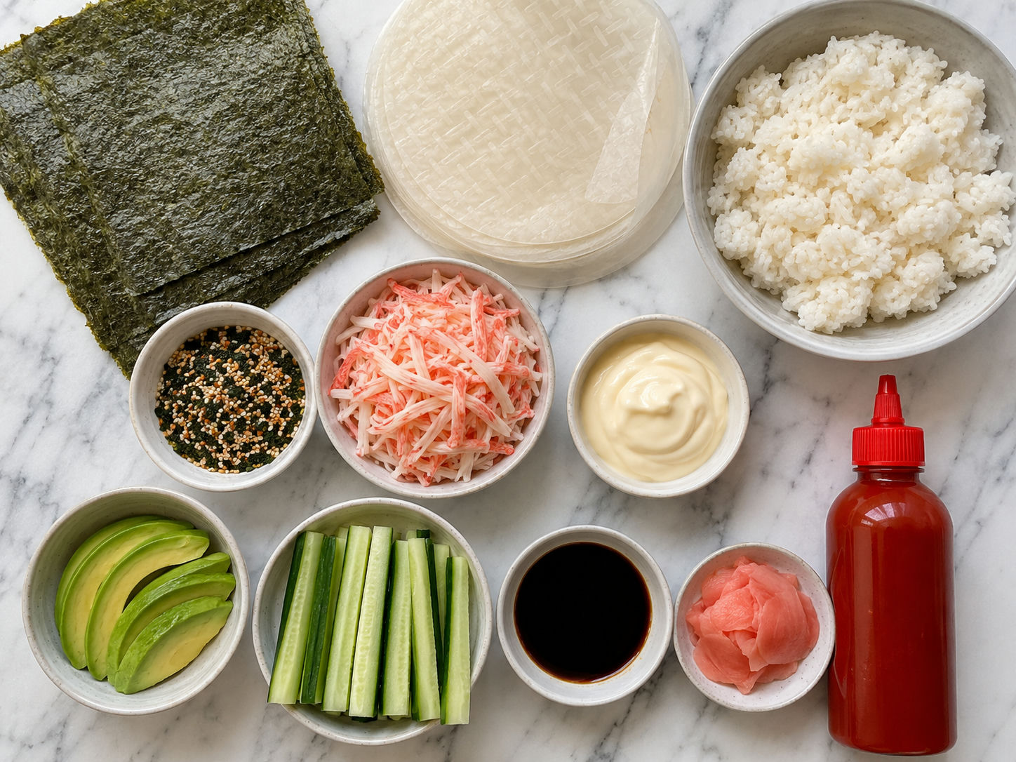 Ingredients for folded sushi wraps with crab, avocado, cucumber, and rice